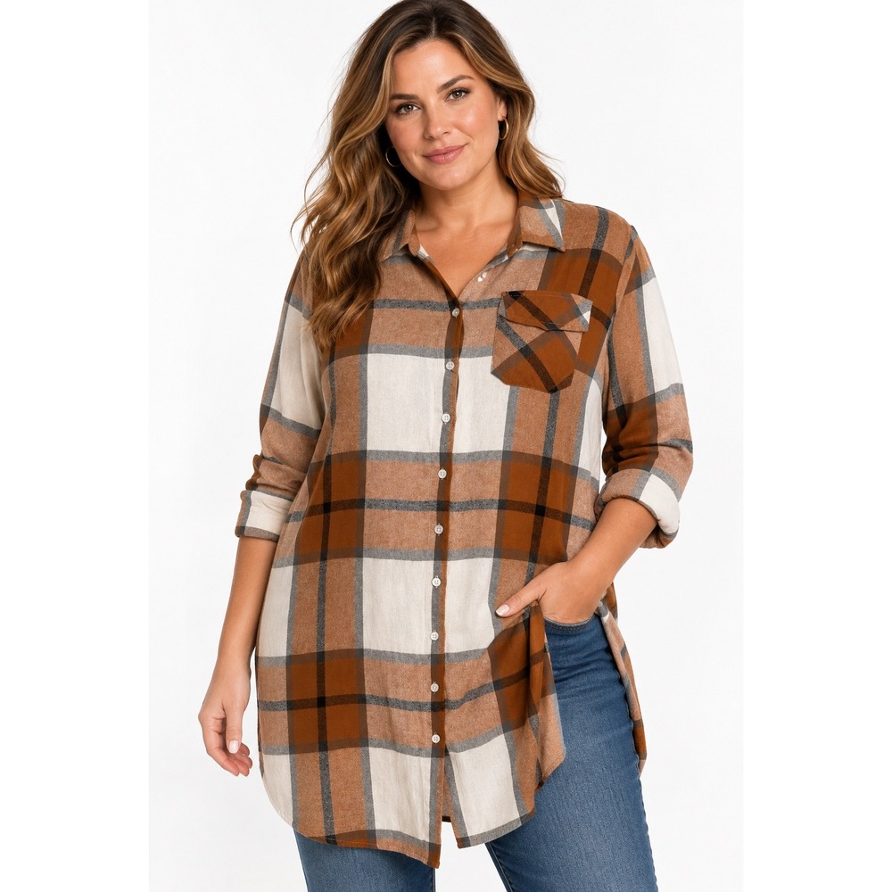 Torrid Plaid Button Front Tunic Shirt Size 0 Rust Brown Cream 100% Cotton